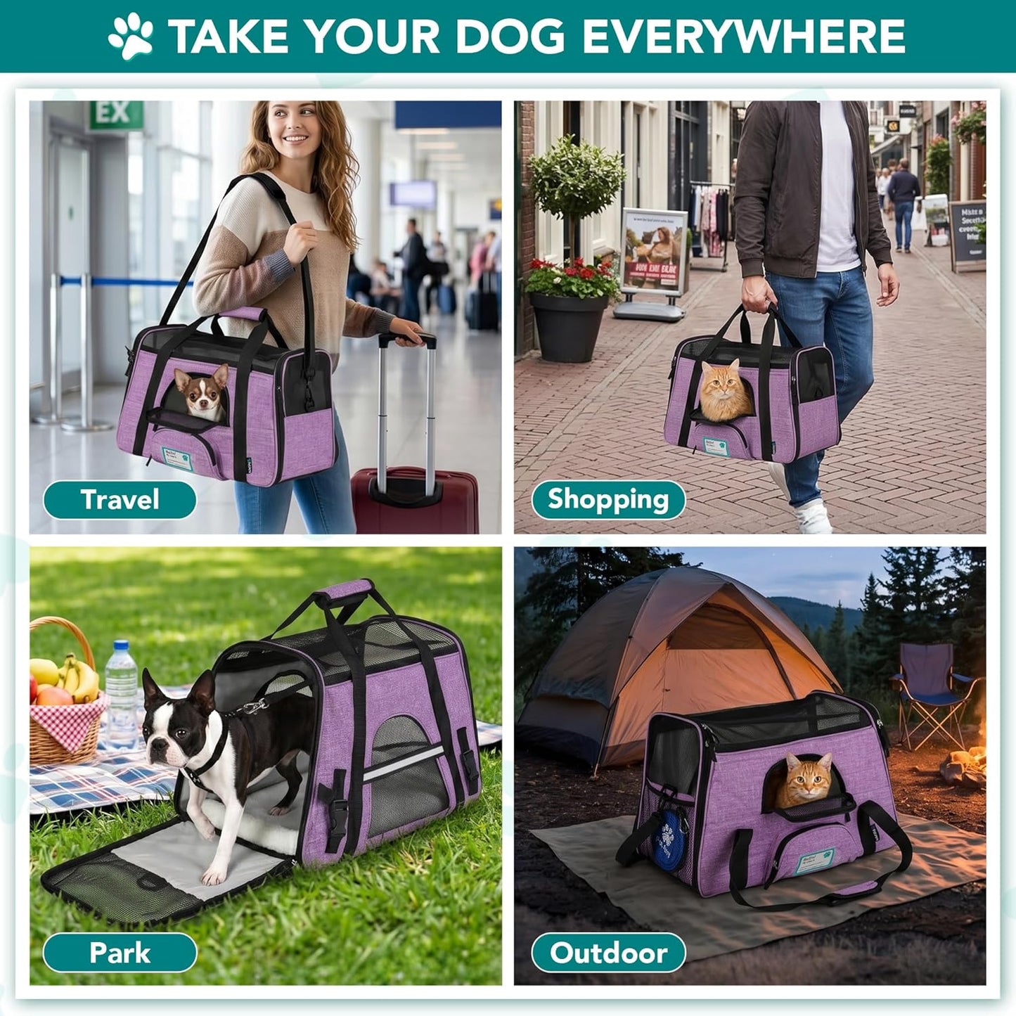 Airline Approved Pet Carrier Cats & Small Dogs, Large Heather Purple