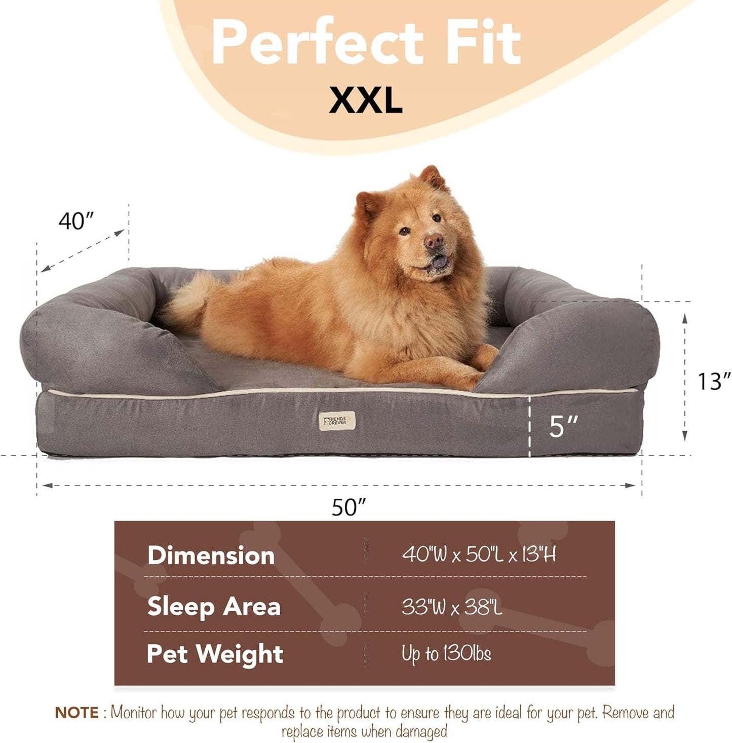 Orthopedic Dog Bed, Memory Foam Pet Sofa, Calming Dog Couch, Water Resistant Pet Bed, Washable Cover, Non-Slip Bottom, Chester, Grey, 50" X 40" X 13"