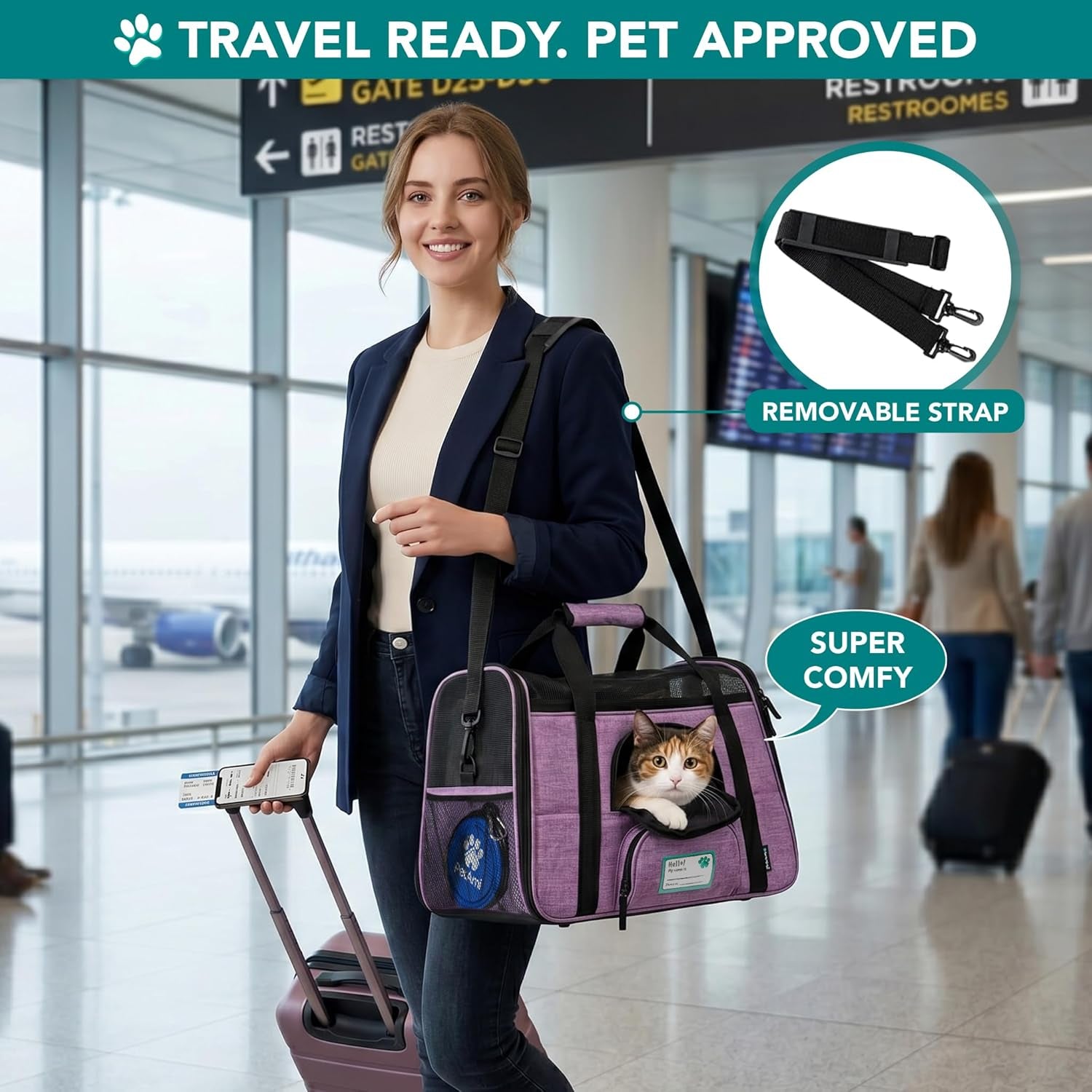 Airline Approved Pet Carrier Cats & Small Dogs, Large Heather Purple